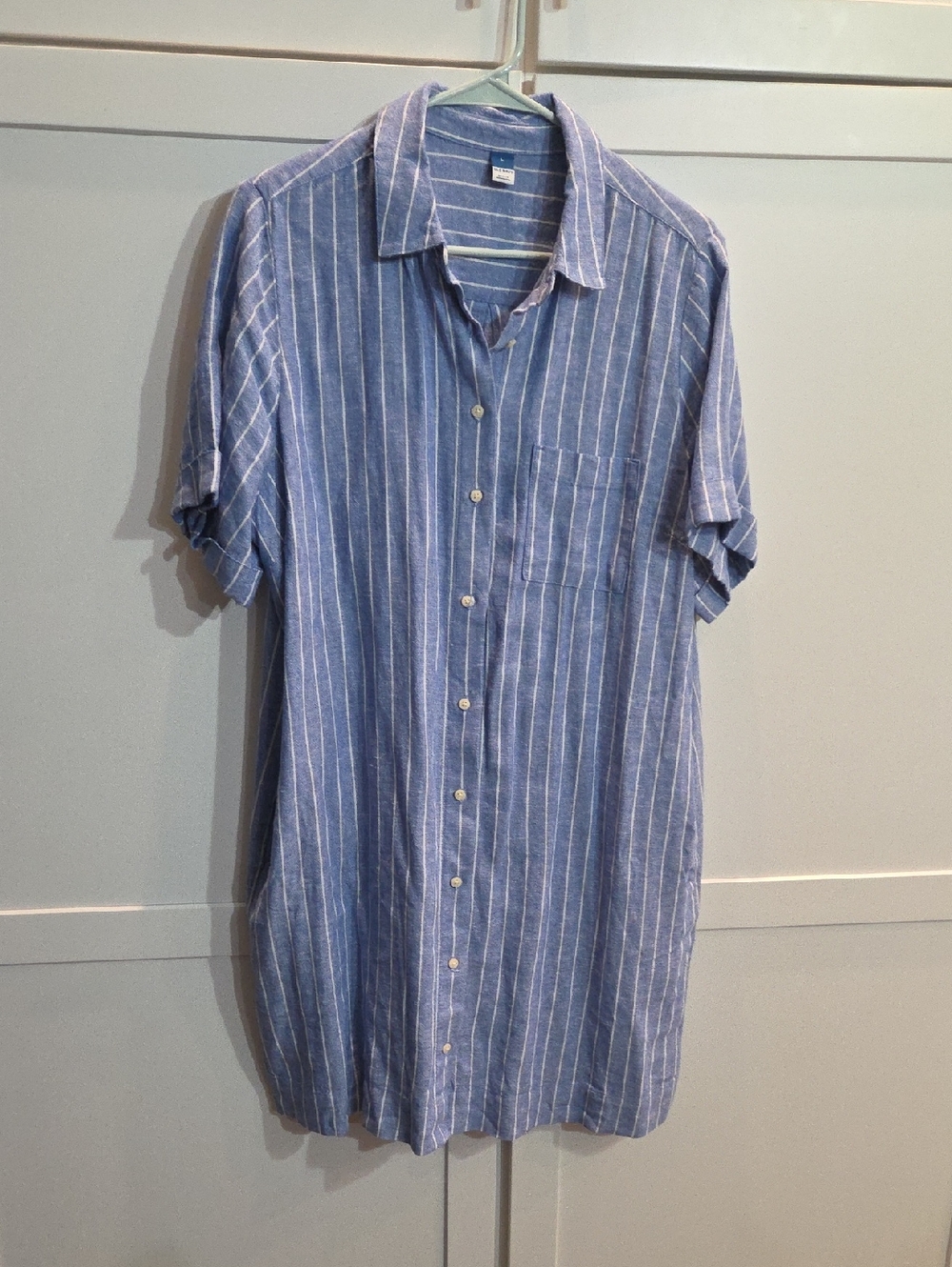Women's Blue Stripe Short-Sleeve Linen Dress